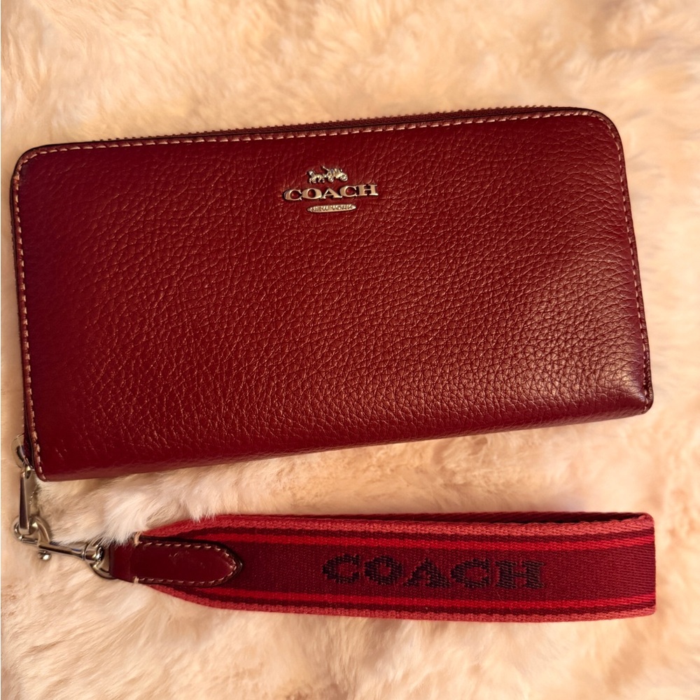 Coach Pebble Leather Long Zip Around Wallet with Signature Strap – Wine – NWT
